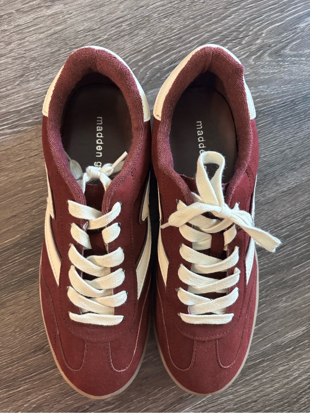 Madden Girl Women’s Burgundy Suede Retro Sneaker with White Accents